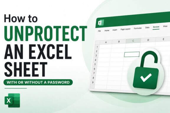 An infographic thumbnail titled "How to Unprotect an Excel Sheet" with a password subtitle. It shows an Excel grid beside a green open padlock icon.