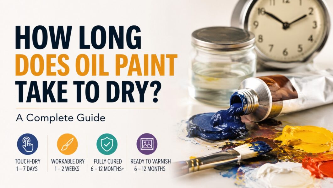 An infographic titled "How Long Does Oil Paint Take to Dry?" with paint tubes and icons.