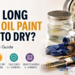 An infographic titled "How Long Does Oil Paint Take to Dry?" with paint tubes and icons.