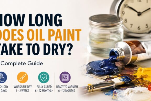 An infographic titled "How Long Does Oil Paint Take to Dry?" with paint tubes and icons.