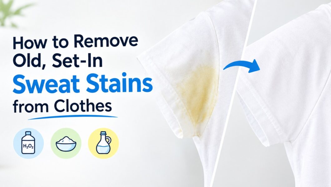 A white t-shirt armpit area transitions from heavily yellow-stained on the left to perfectly clean and white on the right, separated by a diagonal line and a blue arrow pointing to the clean version.