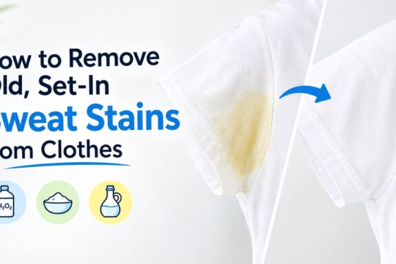 A white t-shirt armpit area transitions from heavily yellow-stained on the left to perfectly clean and white on the right, separated by a diagonal line and a blue arrow pointing to the clean version.