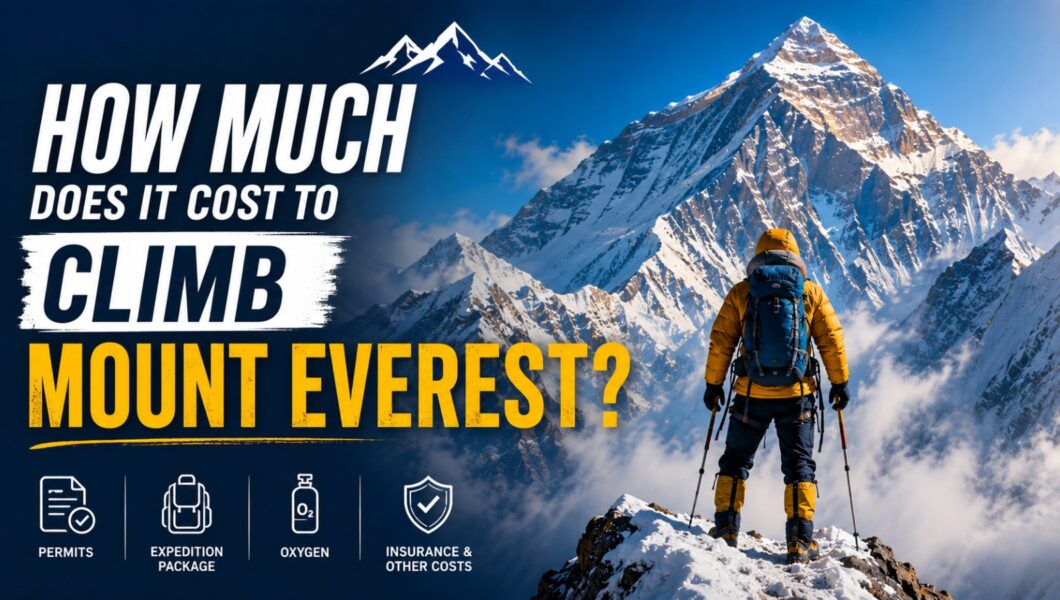 An eye-catching infographic YouTube thumbnail titled "HOW MUCH DOES IT COST TO CLIMB MOUNT EVEREST?". On the right side, a mountaineer in a yellow and black down suit with a blue backpack stands on a snowy ridge, looking toward a massive, snow-covered mountain peak. On the lower left side, four white icons outline the major expenses: PERMITS, EXPEDITION PACKAGE, OXYGEN, and INSURANCE & OTHER COSTS. The background features a dramatic view of rugged mountain ranges under a clear blue sky.
