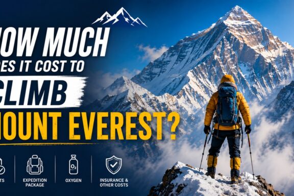 An eye-catching infographic YouTube thumbnail titled "HOW MUCH DOES IT COST TO CLIMB MOUNT EVEREST?". On the right side, a mountaineer in a yellow and black down suit with a blue backpack stands on a snowy ridge, looking toward a massive, snow-covered mountain peak. On the lower left side, four white icons outline the major expenses: PERMITS, EXPEDITION PACKAGE, OXYGEN, and INSURANCE & OTHER COSTS. The background features a dramatic view of rugged mountain ranges under a clear blue sky.