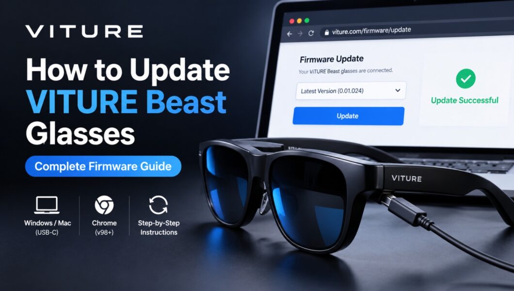 An instructional video thumbnail titled "How to Update VITURE Beast Glasses: Complete Firmware Guide.