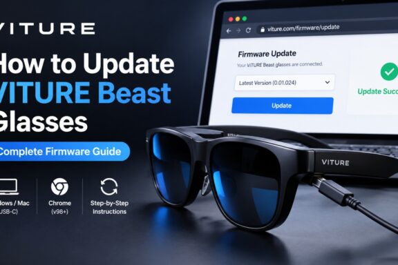 An instructional video thumbnail titled "How to Update VITURE Beast Glasses: Complete Firmware Guide.