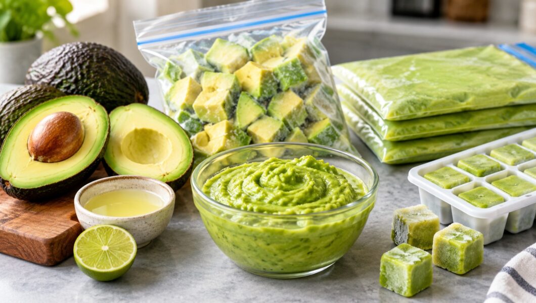 A kitchen counter scene displaying various ways to freeze and preserve avocados. On the left sits a whole avocado, a halved avocado with its pit exposed, a small bowl of lime juice, and a lime half. In the center, a clear glass bowl is filled with smooth, swirled mashed avocado. Behind it, a clear zip-top bag is filled with frozen, diced avocado chunks. On the right, a stack of flat-frozen purée bags, an ice cube tray filled with frozen avocado green cubes, and three individual frozen cubes sit on the counter.
