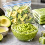 A kitchen counter scene displaying various ways to freeze and preserve avocados. On the left sits a whole avocado, a halved avocado with its pit exposed, a small bowl of lime juice, and a lime half. In the center, a clear glass bowl is filled with smooth, swirled mashed avocado. Behind it, a clear zip-top bag is filled with frozen, diced avocado chunks. On the right, a stack of flat-frozen purée bags, an ice cube tray filled with frozen avocado green cubes, and three individual frozen cubes sit on the counter.
