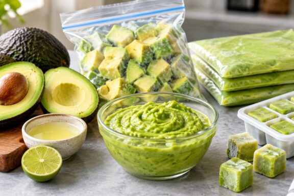 A kitchen counter scene displaying various ways to freeze and preserve avocados. On the left sits a whole avocado, a halved avocado with its pit exposed, a small bowl of lime juice, and a lime half. In the center, a clear glass bowl is filled with smooth, swirled mashed avocado. Behind it, a clear zip-top bag is filled with frozen, diced avocado chunks. On the right, a stack of flat-frozen purée bags, an ice cube tray filled with frozen avocado green cubes, and three individual frozen cubes sit on the counter.