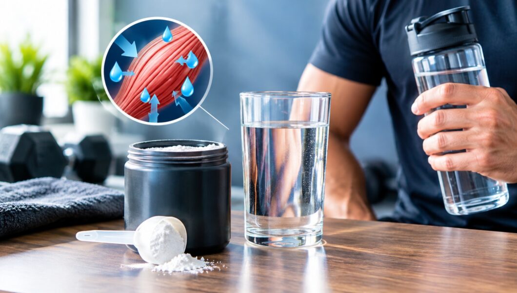 A close-up shot on a wooden table features a black supplement tub filled with white powder, a measuring scoop resting in front with spilled powder, and a clear glass of water. An inset circular graphic highlights muscle fibers pulling in water droplets, illustrating muscle hydration. In the blurred background, a person holds a water shaker bottle.