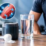 A close-up shot on a wooden table features a black supplement tub filled with white powder, a measuring scoop resting in front with spilled powder, and a clear glass of water. An inset circular graphic highlights muscle fibers pulling in water droplets, illustrating muscle hydration. In the blurred background, a person holds a water shaker bottle.