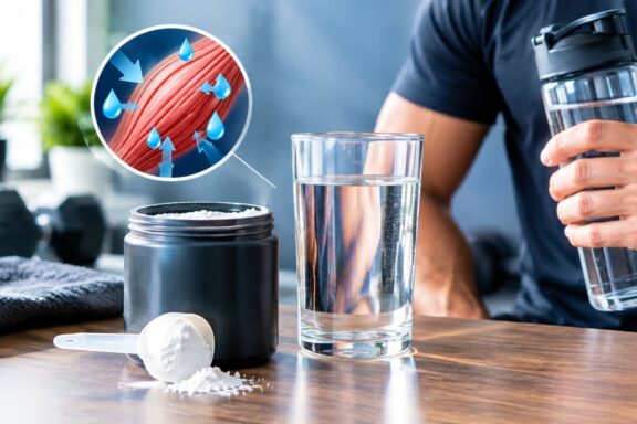 A close-up shot on a wooden table features a black supplement tub filled with white powder, a measuring scoop resting in front with spilled powder, and a clear glass of water. An inset circular graphic highlights muscle fibers pulling in water droplets, illustrating muscle hydration. In the blurred background, a person holds a water shaker bottle.