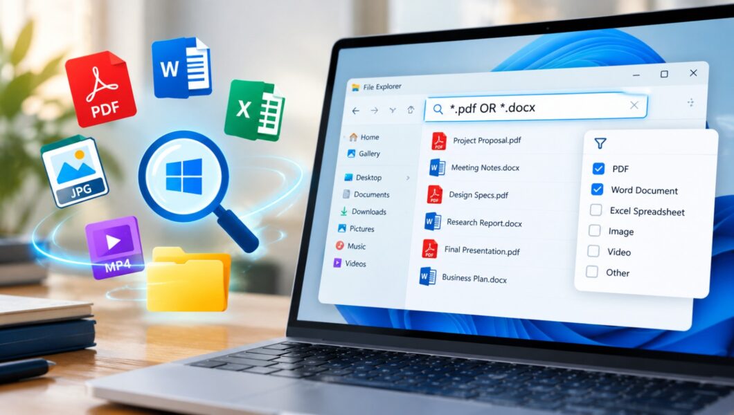 AI Mode conversation: Write an alt text for this image... You sent: 1 image and said: Write an alt text for this image... Write an alt text for this image... A laptop screen displays an open Windows 11 File Explorer window showing a search for *.pdf OR *.docx
