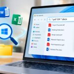 AI Mode conversation: Write an alt text for this image... You sent: 1 image and said: Write an alt text for this image... Write an alt text for this image... A laptop screen displays an open Windows 11 File Explorer window showing a search for *.pdf OR *.docx