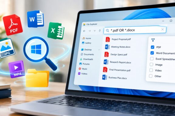 AI Mode conversation: Write an alt text for this image... You sent: 1 image and said: Write an alt text for this image... Write an alt text for this image... A laptop screen displays an open Windows 11 File Explorer window showing a search for *.pdf OR *.docx