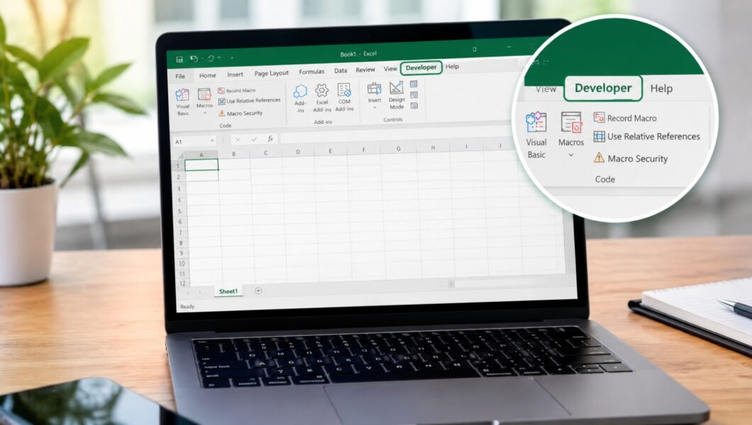 An open laptop sits on a wooden desk, displaying a Microsoft Excel spreadsheet with a callout highlighting the Developer tab.