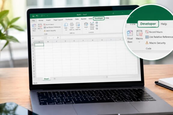 An open laptop sits on a wooden desk, displaying a Microsoft Excel spreadsheet with a callout highlighting the Developer tab.