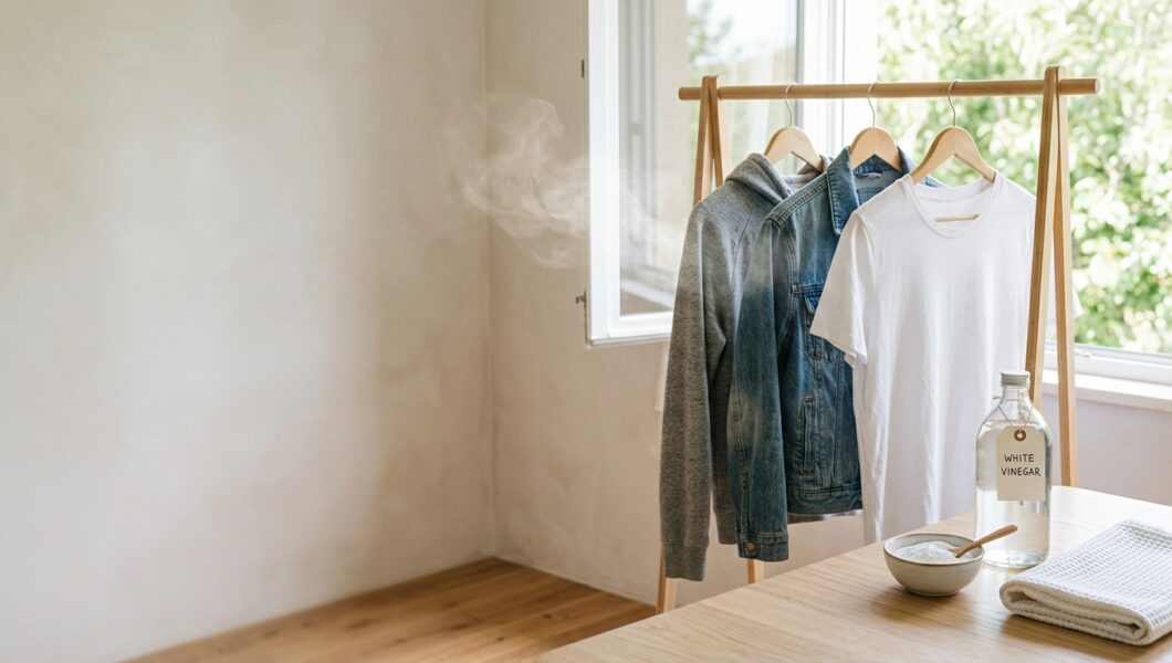 Clothes hanging outdoors on a line to air out smoke odor, with a bottle of white vinegar and baking soda nearby