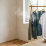 Clothes hanging outdoors on a line to air out smoke odor, with a bottle of white vinegar and baking soda nearby