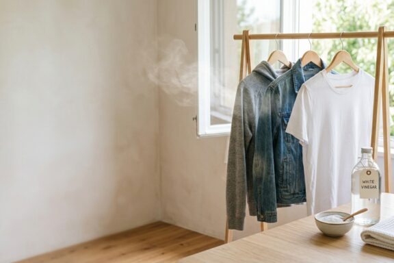 Clothes hanging outdoors on a line to air out smoke odor, with a bottle of white vinegar and baking soda nearby